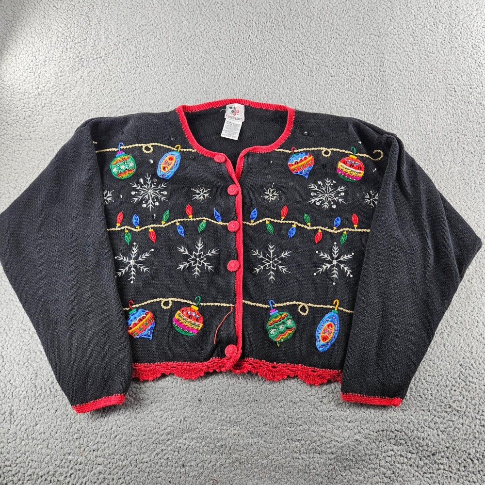 NutCracker Vintage Ugly Christmas Sweater Cardigan XL Black Ornaments Beaded